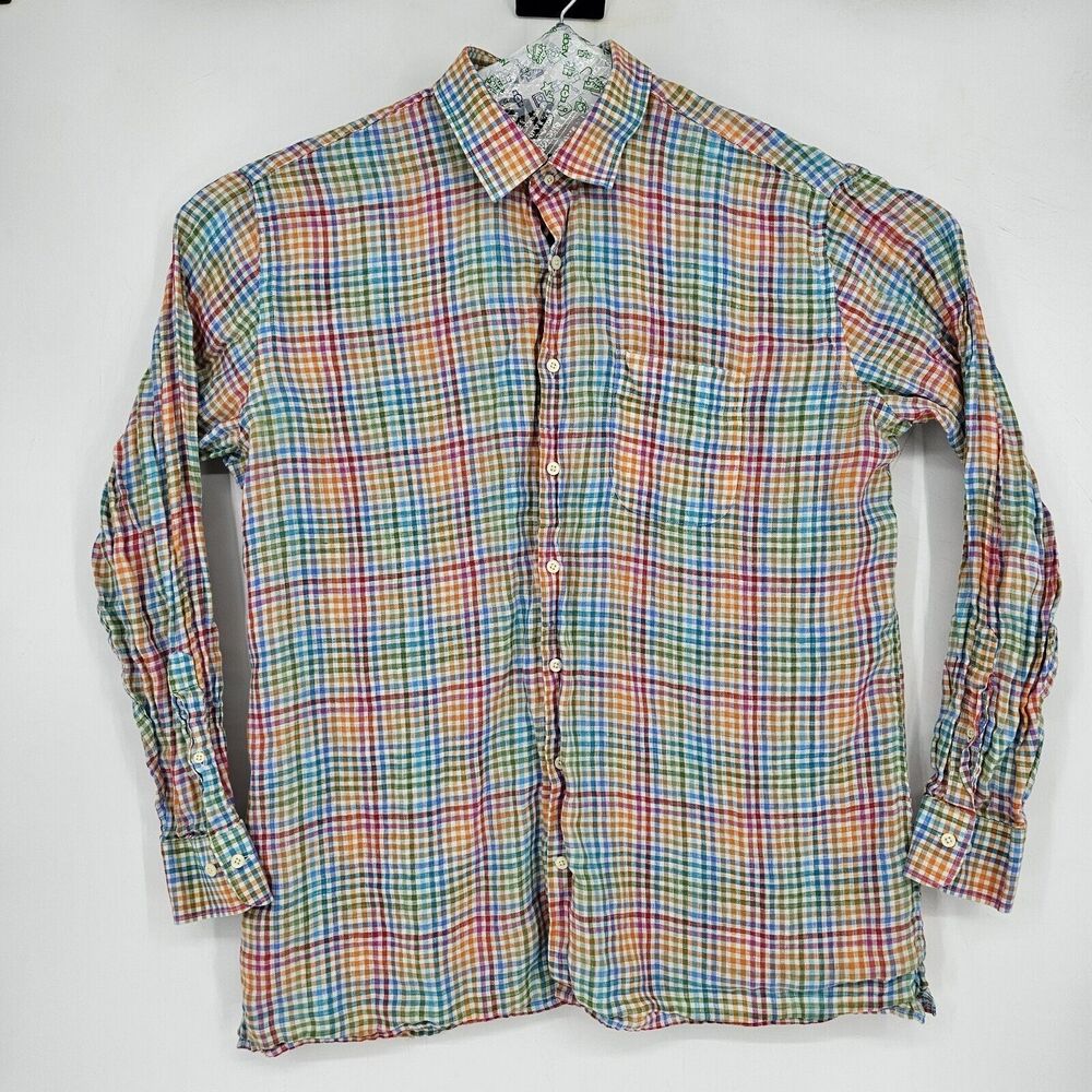 Peter Millar Shirt Mens XL Long Sleeve Button Up Linen Colorful Check Preppy